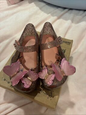 Mini Melissa Glitter Mary Janes with Pink Butterfly Accents
